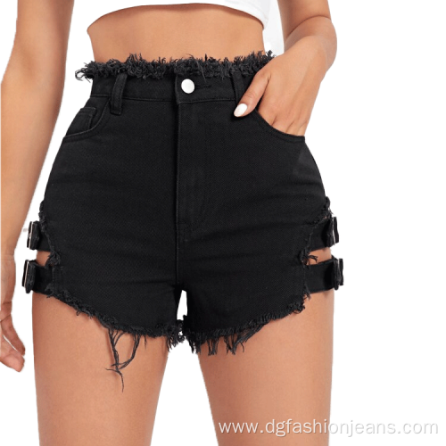 Ladies Sexy Hole Plain Scrunch Butt Denim Shorts
